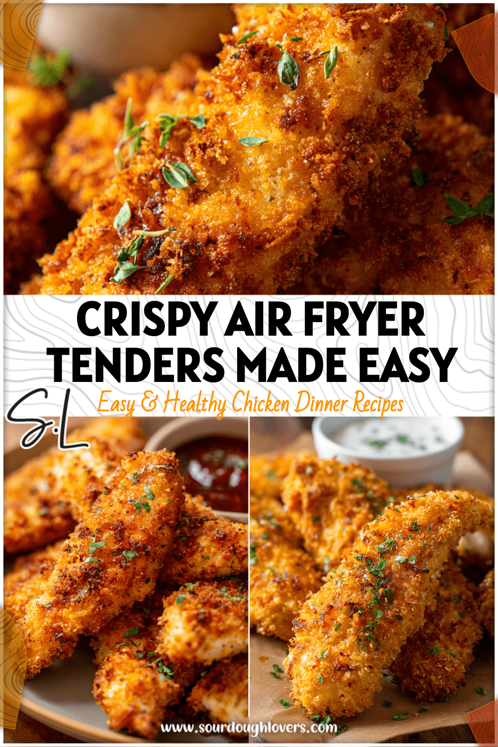 Golden crispy chicken tenderloins on a plate made in the air fryer with herbs and dipping sauce.